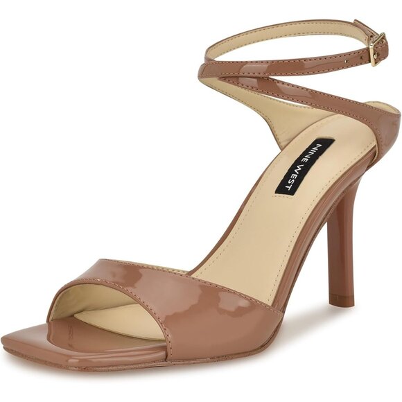 Nine West Women Medium Natural Patent Faux Leather Open Squared Toe Heels Sandal - Picture 1 of 6